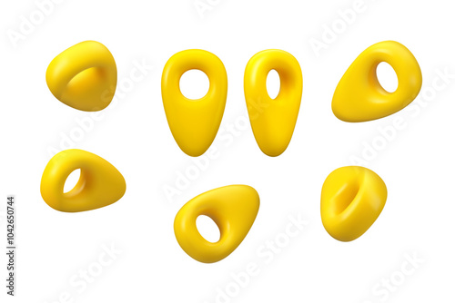 Yellow map pin locator icon set in different positions. Vector 3d pointer showing destination location. Cartoon route label collection isolated on white background, top and side view.