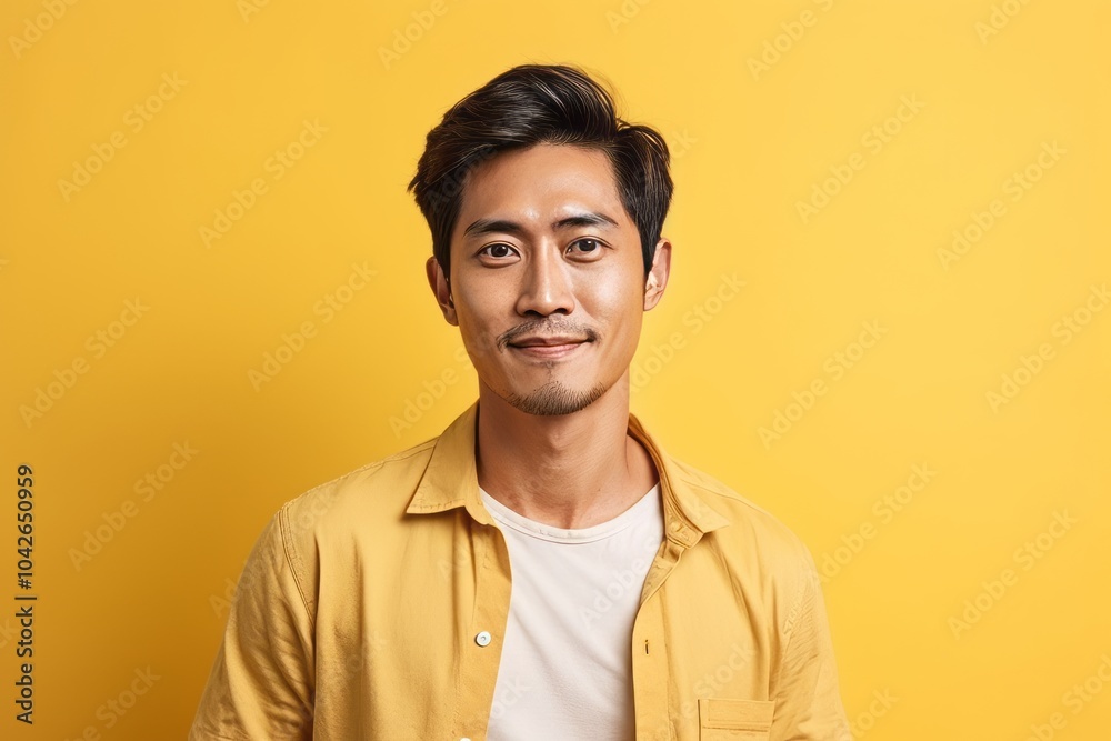 Portrait of a happy young asian man looking at camera over yellow background Portrait of a happy young asian man looking at camera over yellow background