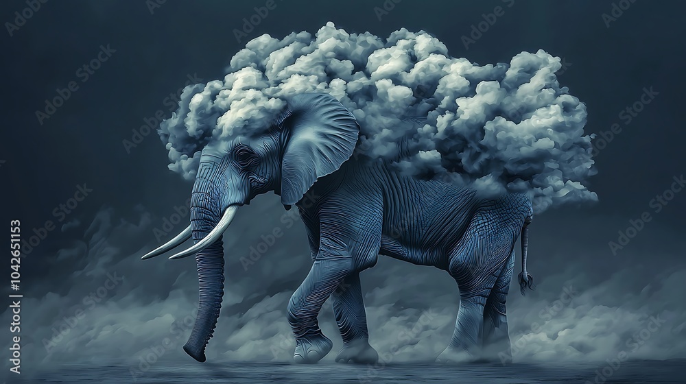Fototapeta premium A majestic elephant emerges from a tempestuous sky nature's power captured in ethereal form
