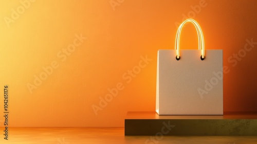 A stylish, illuminated bag sits against an orange background, highlighting its elegant design and texture on a flat surface.