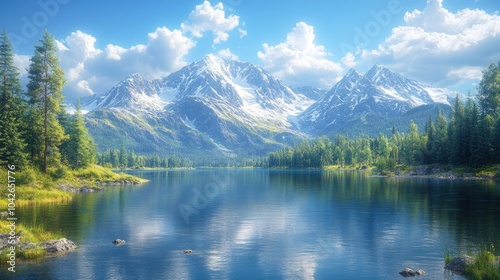 Serene mountain landscape with a tranquil lake and lush greenery.