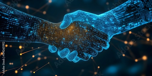 Digital blue handshake with glowing binary code, artificial intelligence in virtual business transactions, commitment deal or partnership, secure authentication protocols