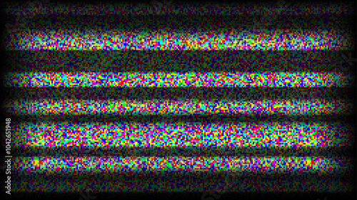 RGB TV static noise background. Glitch pixel television screen. Bad or lost TV signal VHS video with black stripes wallpaper. White noise grain. CRT tv screen with interferences and glitches. Vector