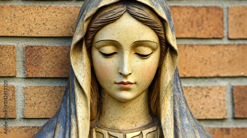 A statue of the Virgin Mary is pictured against a brick wall