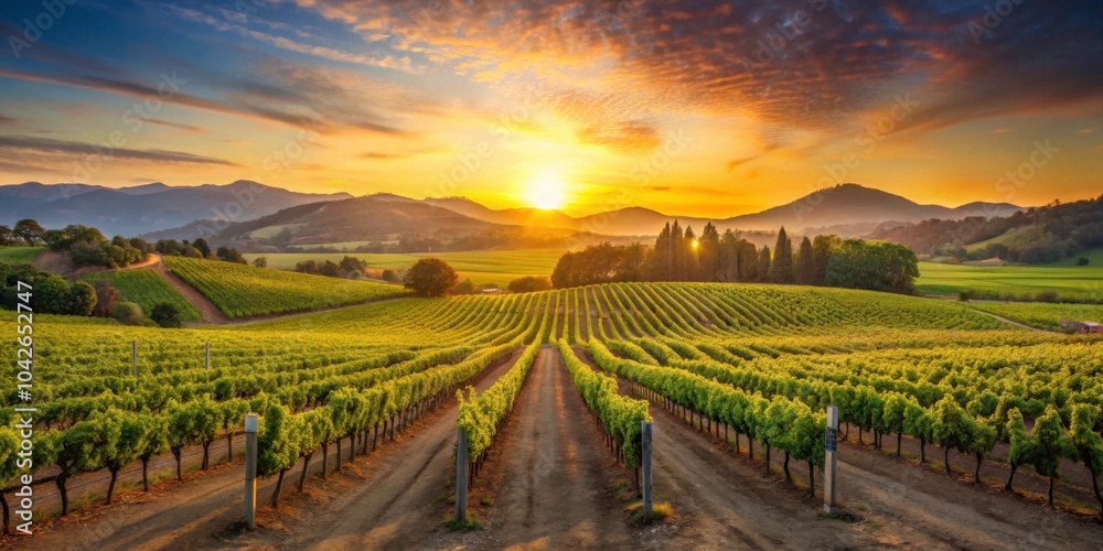 Fototapeta premium Vineyards in Napa Valley bathed in the colorful hues of a spring sunset , Napa Valley, wine country, vineyards