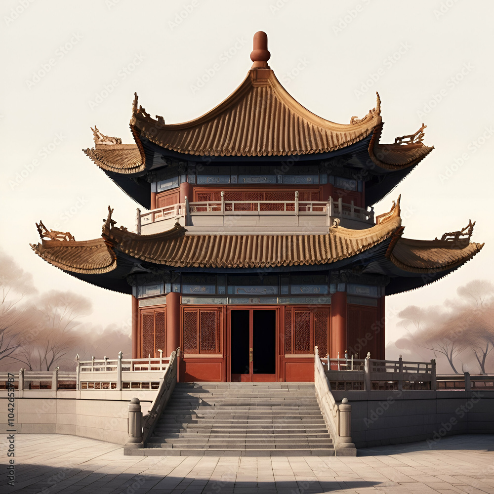 Fototapeta premium Forbidden City Pavilion on White Background
