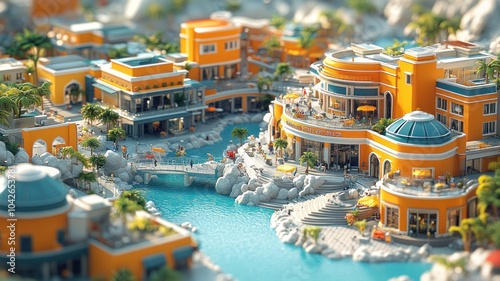 A vibrant miniature resort with colorful buildings and water features.