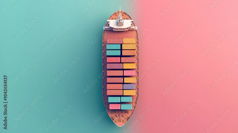 Top view cargo ship navigation in pastel 3D render, Import-export logistics, flat design for modern shipping concepts Top view cargo ship navigation in pastel 3D render, Import-export logistics, flat design for modern shipping concepts