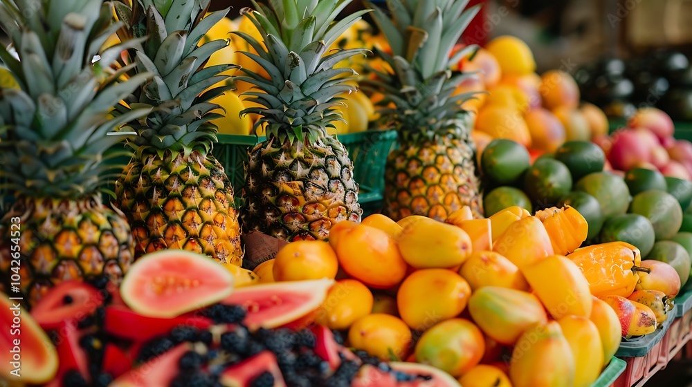 A view of a bright berry chilli displays a bright combo of cut pineapples and papaya A view of a bright berry chilli displays a bright combo of cut pineapples and papaya
