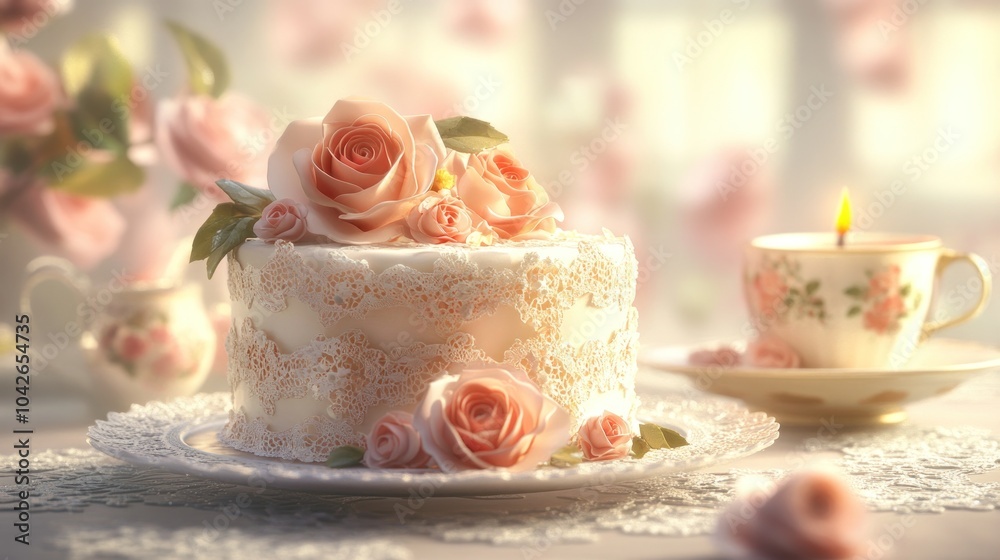 A beautifully decorated cake adorned with pink roses, accompanied by a delicate teacup. A beautifully decorated cake adorned with pink roses, accompanied by a delicate teacup.