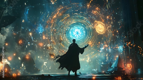 World where magic and technology intertwine with wizards casting spells that manipulate digital code and glowing runes powering machines