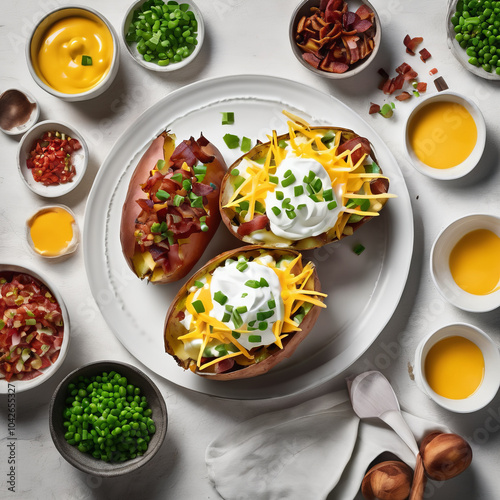 Delicious baked potatoes topped with cheese, bacon, and sour cream, surrounded by vibrant ingredients like green onions and sauces, creating mouthwatering meal