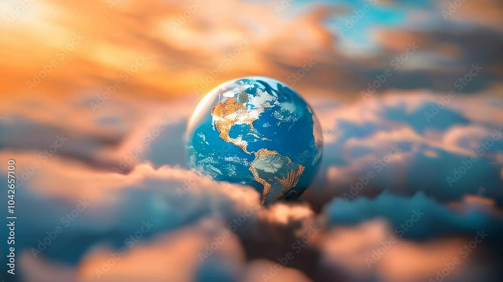 A vibrant depiction of Earth floating in a dreamy cloudscape with soft, warm sunset hues and ethereal lighting. A vibrant depiction of Earth floating in a dreamy cloudscape with soft, warm sunset hues and ethereal lighting.