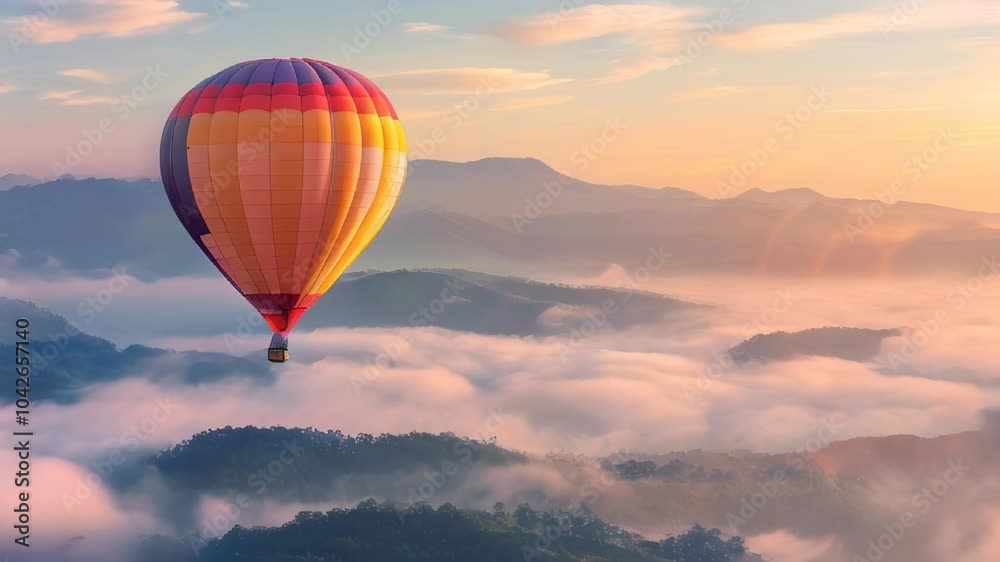 A vibrant hot air balloon floats above misty mountains during sunrise, with soft clouds and pastel-colored skies in the background. A vibrant hot air balloon floats above misty mountains during sunrise, with soft clouds and pastel-colored skies in the background.