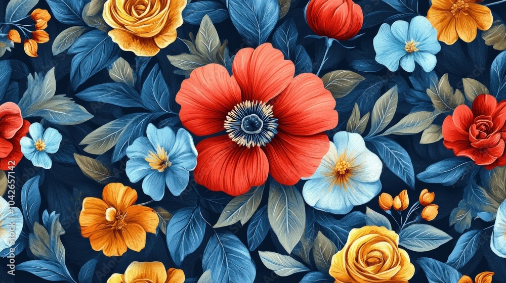 Seamless pattern with red, yellow, and blue flowers on a dark blue background. Seamless pattern with red, yellow, and blue flowers on a dark blue background.