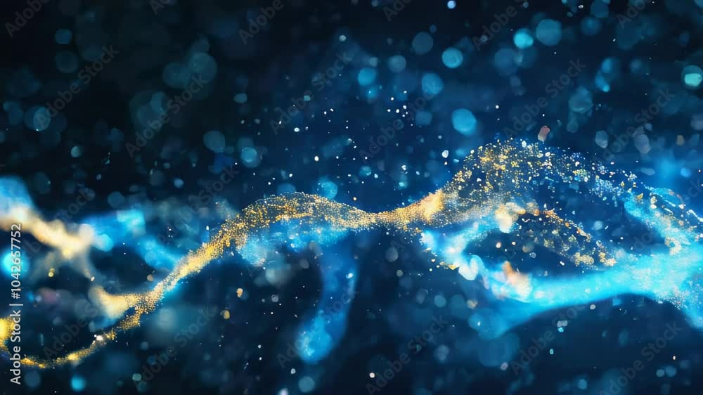An abstract scene of glowing blue and gold particles floating in dynamic motion, against a dark background, creating a cosmic feel. An abstract scene of glowing blue and gold particles floating in dynamic motion, against a dark background, creating a cosmic feel.