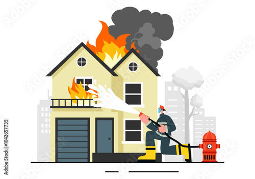 Fire Department Vector Illustration featuring Firefighters Extinguishing House Fires and Rescuing People in Various Situations with a Flat Background