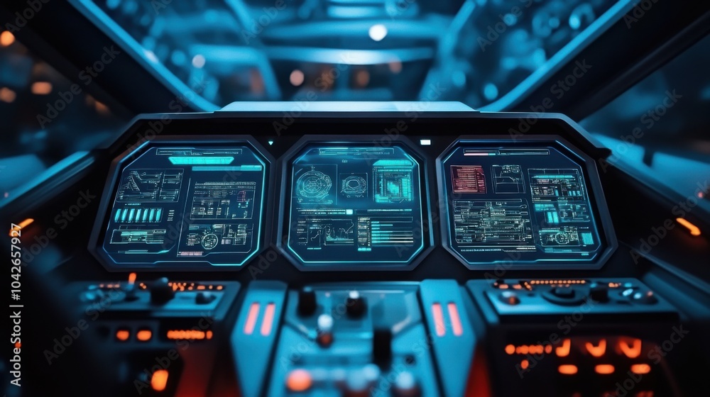 Naklejka premium Futuristic spaceship cockpit dashboard with illuminated screens and control panel