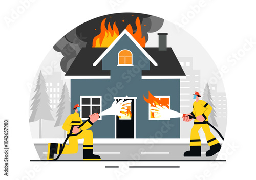 Fire Department Vector Illustration featuring Firefighters Extinguishing House Fires and Rescuing People in Various Situations with a Flat Background