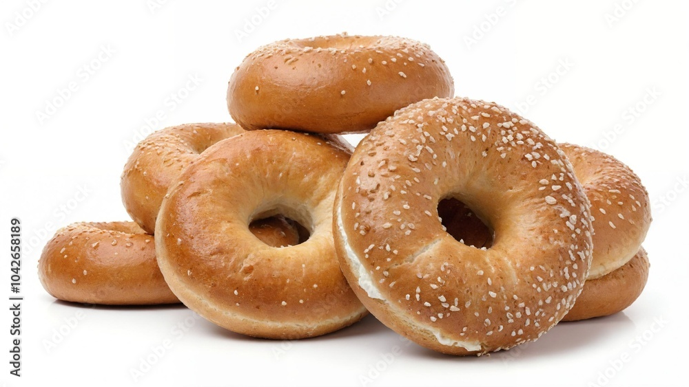 Fresh sesame seed bagels stacked on white background Fresh sesame seed bagels stacked on white background