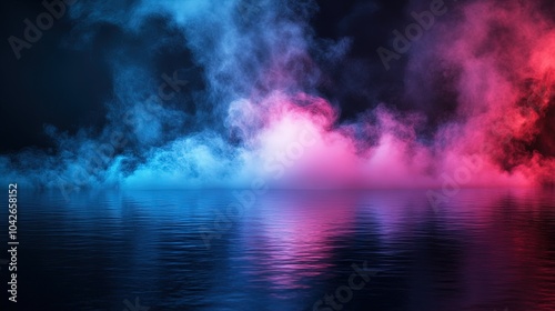 Water surface with magic neon glow from inside and smoke on top. Mystery dark background with spooky white light from underwater and fog