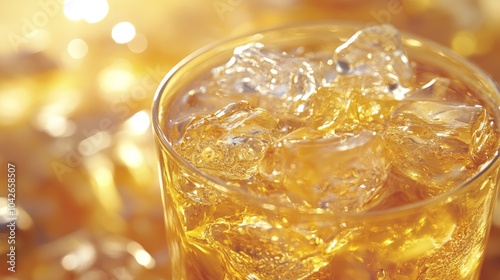 Close-up of Ice Cubes in a Glass of Golden Liquid