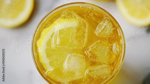 Close-up of a glass of lemonade with ice and lemon slices photo