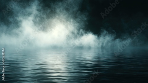 Water surface with magic neon glow from inside and smoke on top. Mystery dark background with spooky white light from underwater and fog