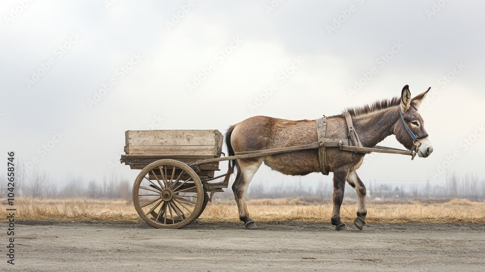 Fototapeta premium A donkey pulling a wooden cart along a rural path under a cloudy sky.