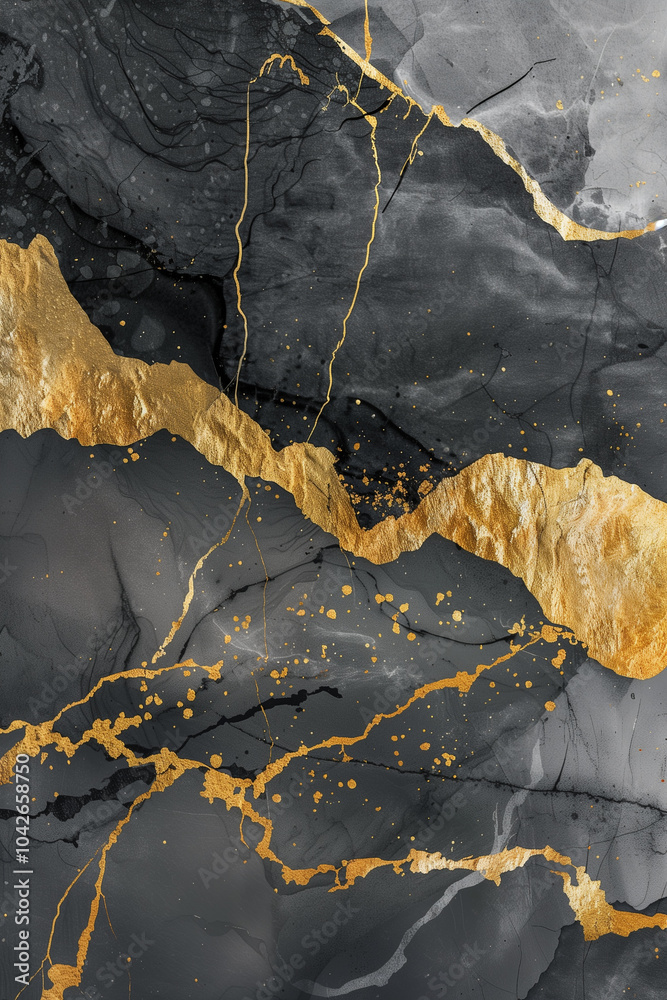 Fototapeta premium Abstract landscape featuring grey, black, and gold marble-style mountains
