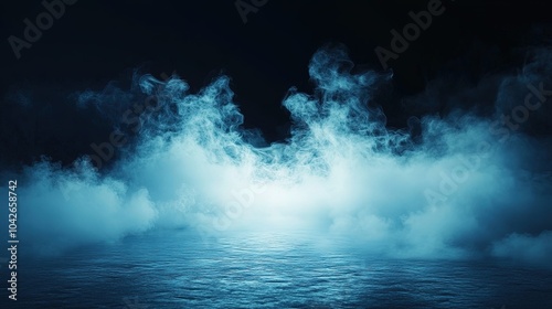 Water surface with magic neon glow from inside and smoke on top. Mystery dark background with spooky white light from underwater and fog