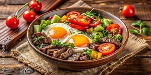 Fried Eggs with Beef and Vegetables in Bowl on Brown Background - Delicious Culinary Photography