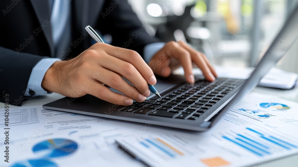 Focused Professional Analyzing Financial Data on Laptop while Taking Notes in Modern Office Setting Focused Professional Analyzing Financial Data on Laptop while Taking Notes in Modern Office Setting