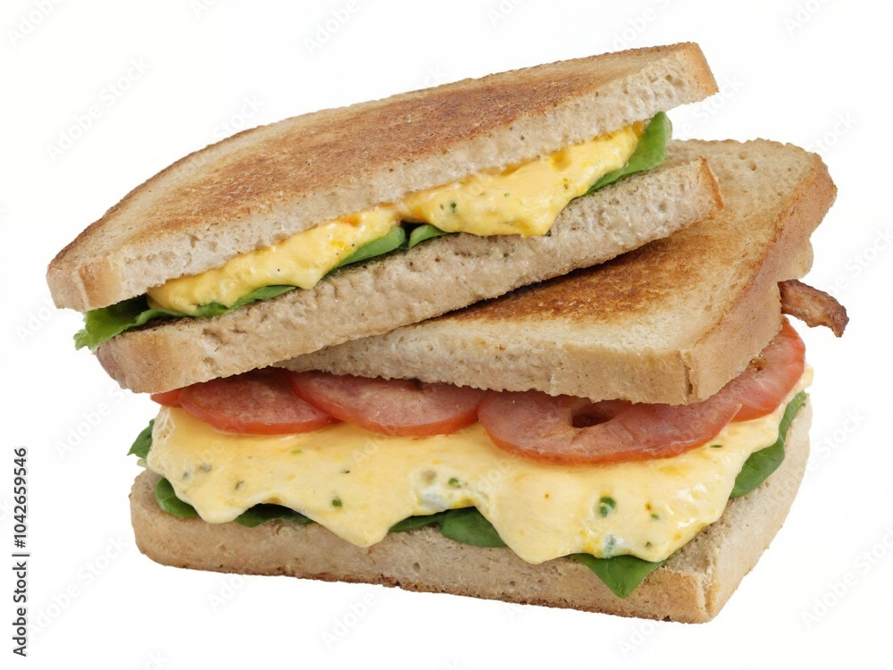 Fresh egg and ham sandwich with creamy cheese spread on toasted bread Fresh egg and ham sandwich with creamy cheese spread on toasted bread