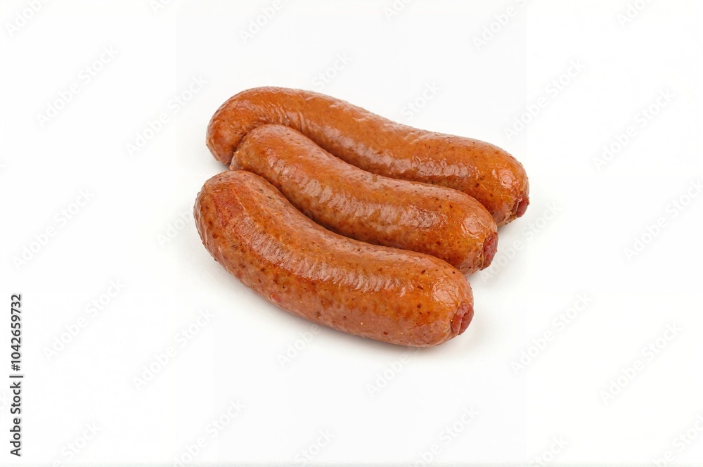 Three grilled sausages on white background Three grilled sausages on white background