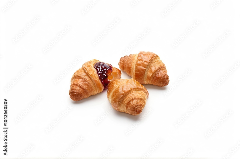 Fresh golden croissants with raspberry jam on white background Fresh golden croissants with raspberry jam on white background