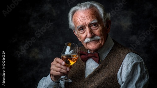 An elderly man in a vest and bow tie holds a glass of golden drink, exuding sophistication.