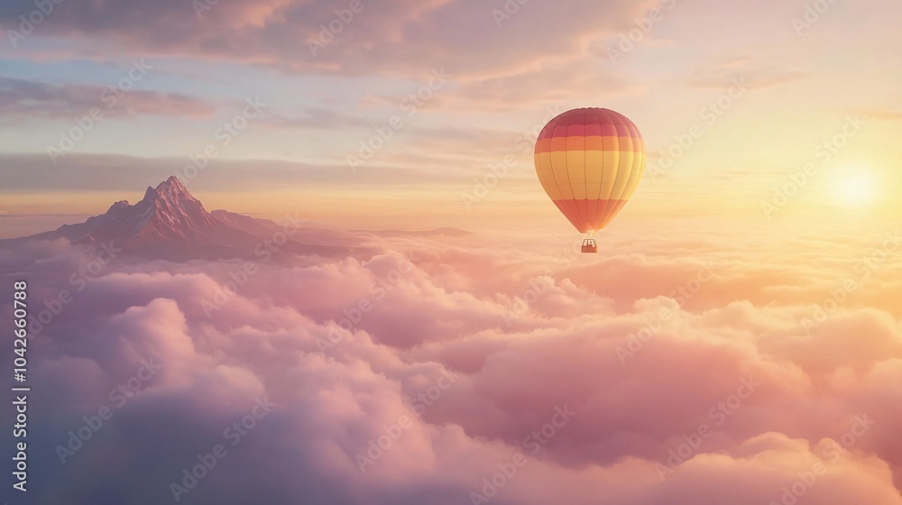 Fototapeta premium A colorful hot air balloon floating above a sea of clouds during a breathtaking sunrise, creating a serene and awe-inspiring landscape.