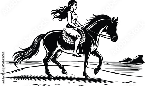 Black and white Woman Riding Horse in the Sand Beach, isolated on white background.