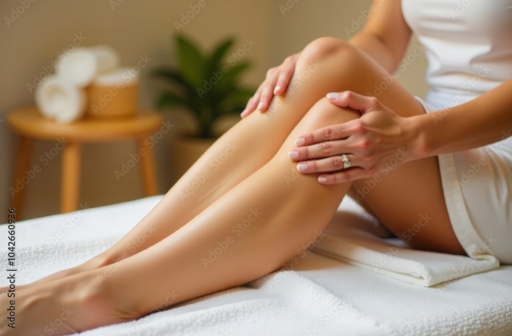 Obraz premium Close up woman's legs with smooth skin on blurred cosmetology clinic interior background. Wax and laser hair removal, photoepilation, Sugaring, electroepilation, Elos epilation. Shaving of legs 