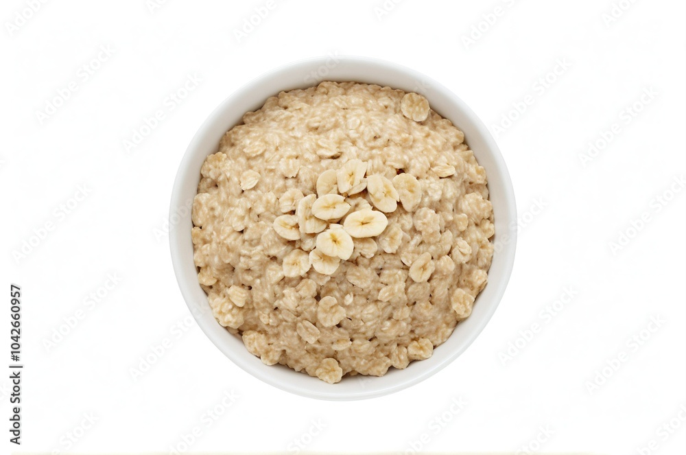 Bowl of creamy oatmeal topped with sliced bananas Bowl of creamy oatmeal topped with sliced bananas