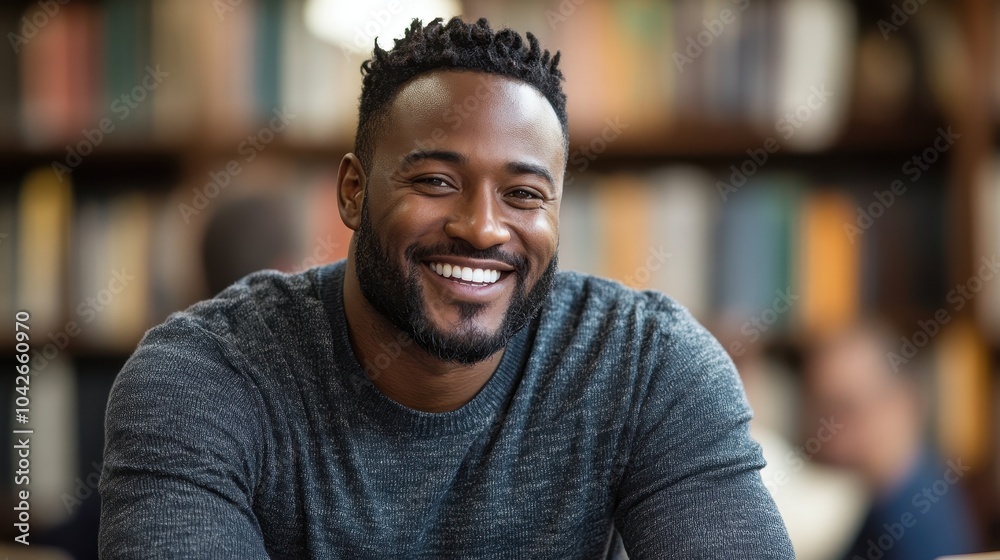 Fototapeta premium A Joyful Smile Celebrating Confidence and Happiness in a Relaxed Library Setting