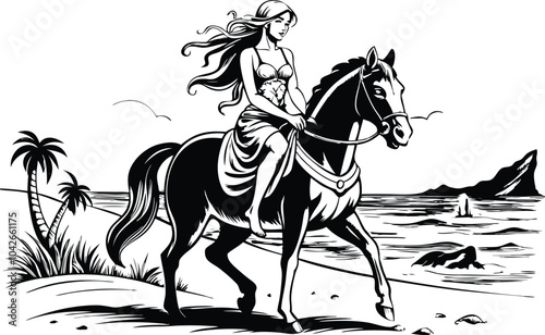 Black and white Woman Riding Horse in the Sand Beach, isolated on white background.