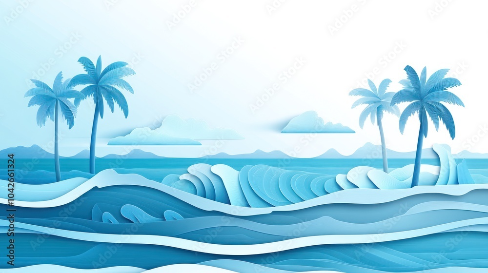 A serene paper-cut style illustration of ocean waves and palm trees in shades of blue.