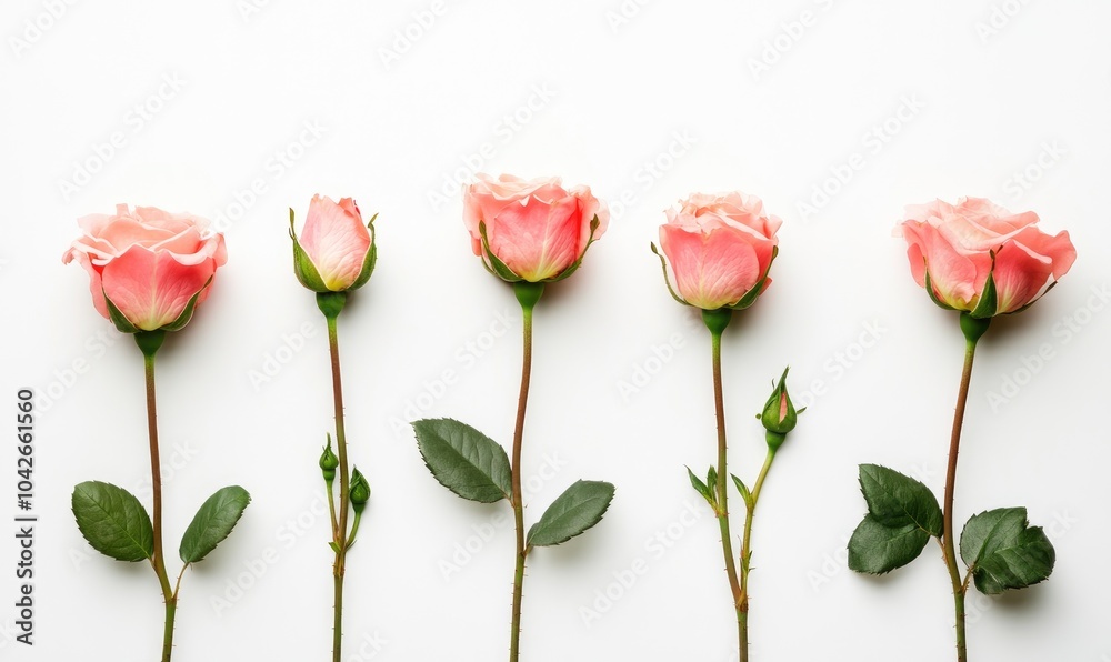 Obraz premium A row of five pink roses are arranged in a line on a white background