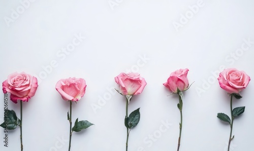 Fototapeta Naklejka Na Ścianę i Meble -  A row of five pink roses are arranged in a line on a white background