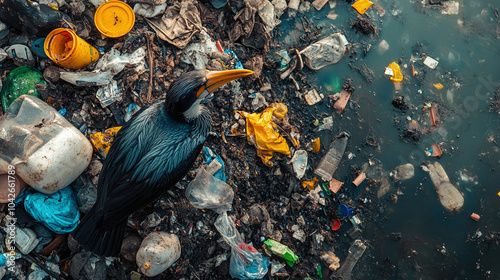 A powerful image of wildlife affected by pollution, with a bird perched on a trash pile, surrounded by discarded plastic and other debris.