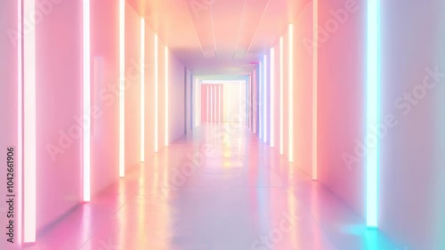 A futuristic hallway glowing with neon pastel lights, creating a modern and minimalistic design in soft pink and blue hues.