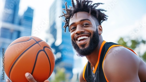 Smiling Basketball Player Poses for the Camera with a Vibrant Urban Background in a Sports Setting