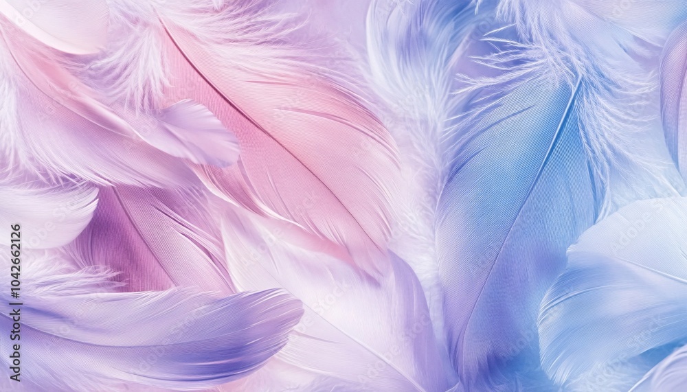 Obraz premium A beautiful arrangement of soft pastel feathers in shades of pink and blue, creating a serene and delicate atmosphere.